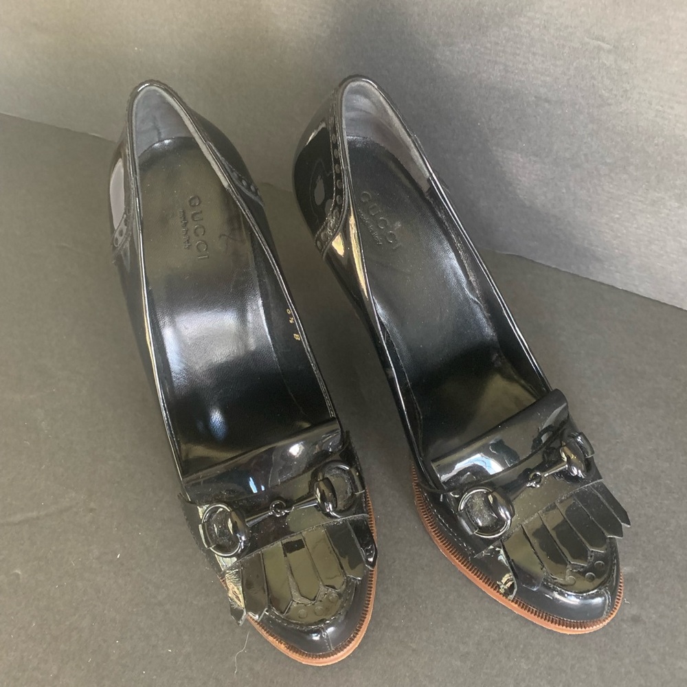 Gucci Black Patent Leather Kiltie Bit Heels with Brown Trim~Fit More Like a Sz 6 - Picture 13 of 16